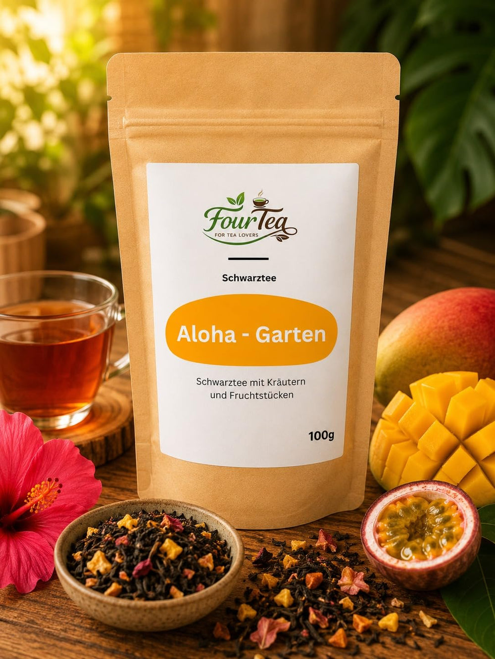 Aloha Garten - Schwarztee mit Kräutern und Fruchtstücken 100g
